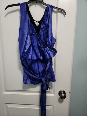 Cato Blue V-Neck Sleeveless Wrap Top with Tie